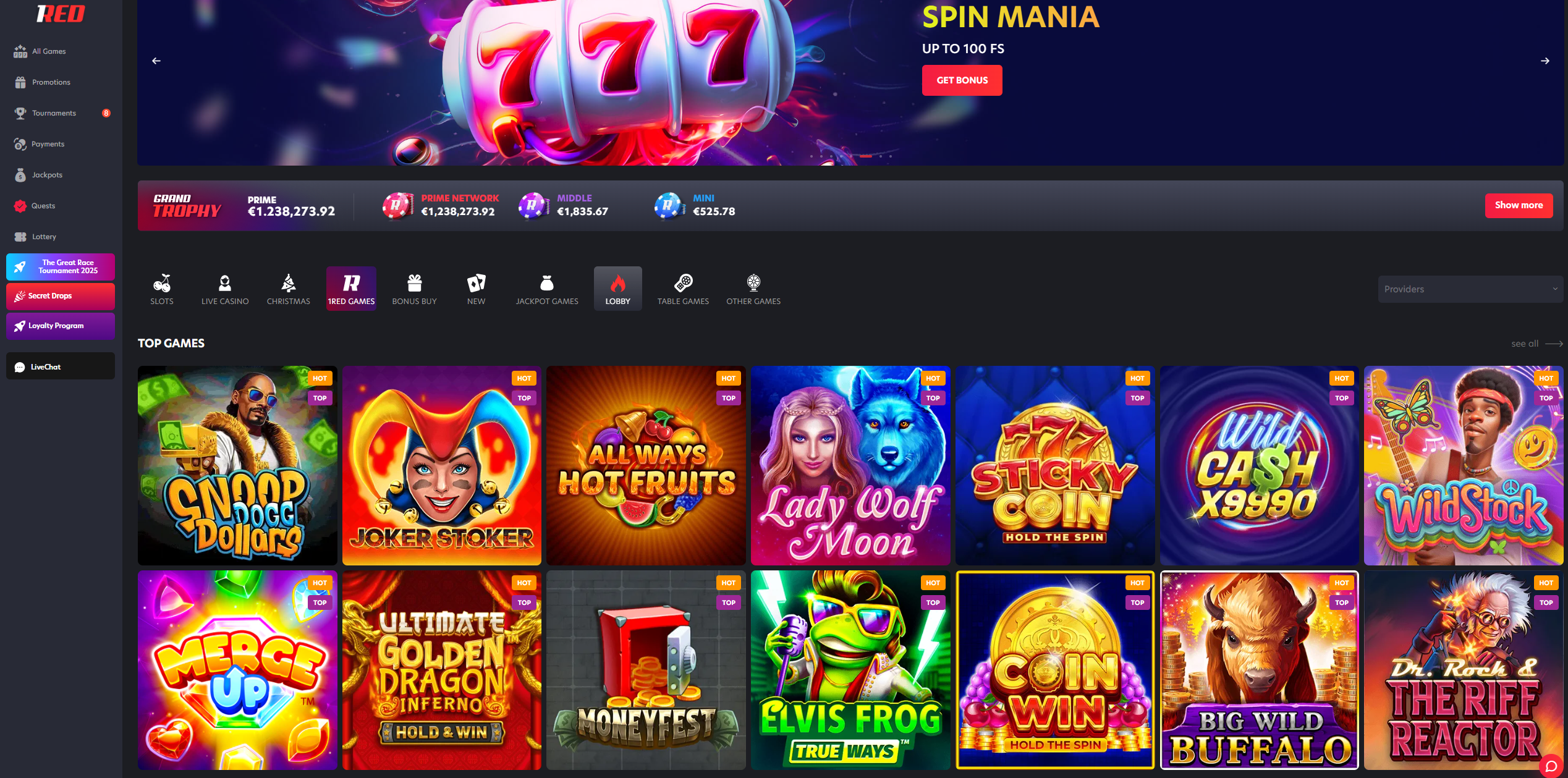 The homepage of 1RED Casino, optimised for UK players