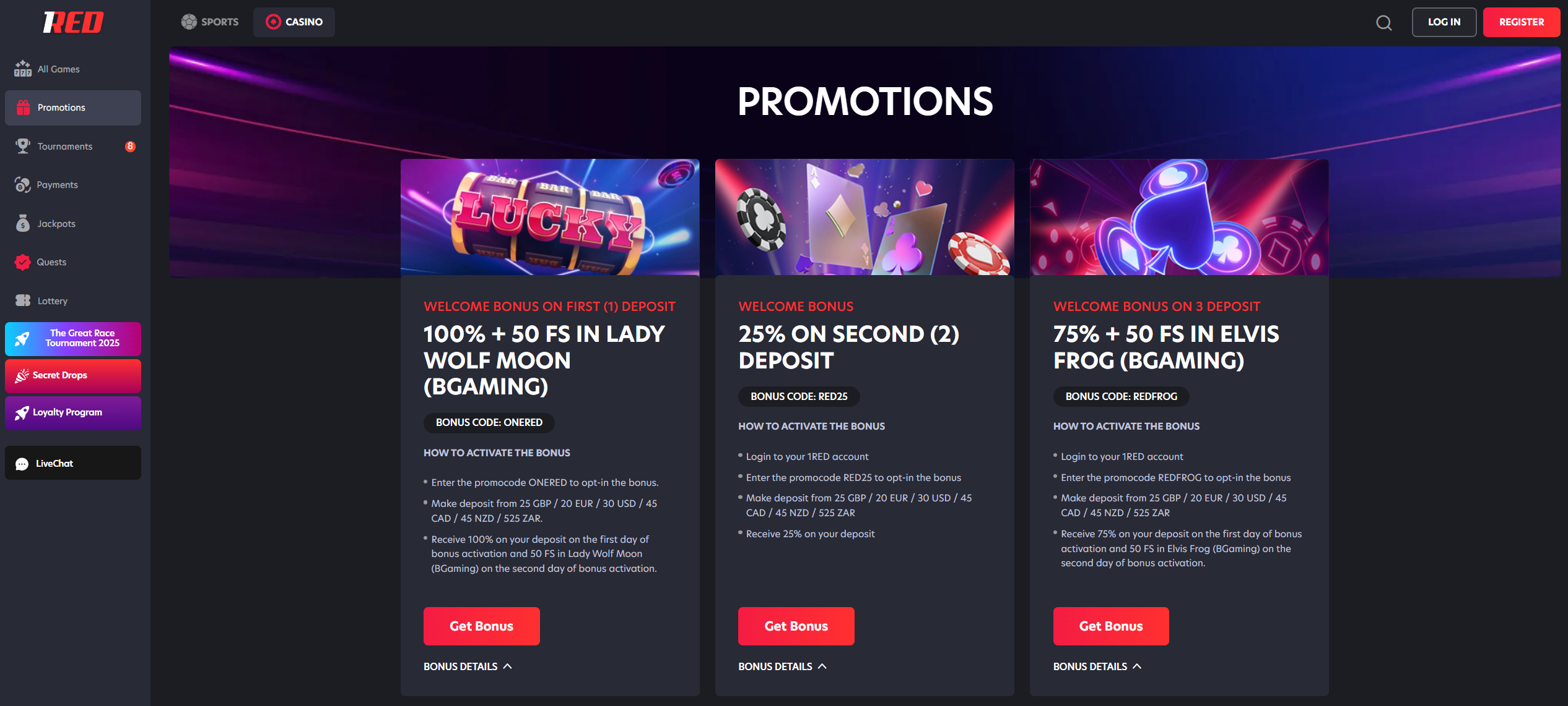 Claiming generous bonuses at 1RED Casino UK
